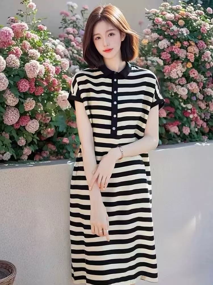 歐貨時尚休閒連衣裙條紋短袖圓領小個子氣質2025春季新款中長裙女
