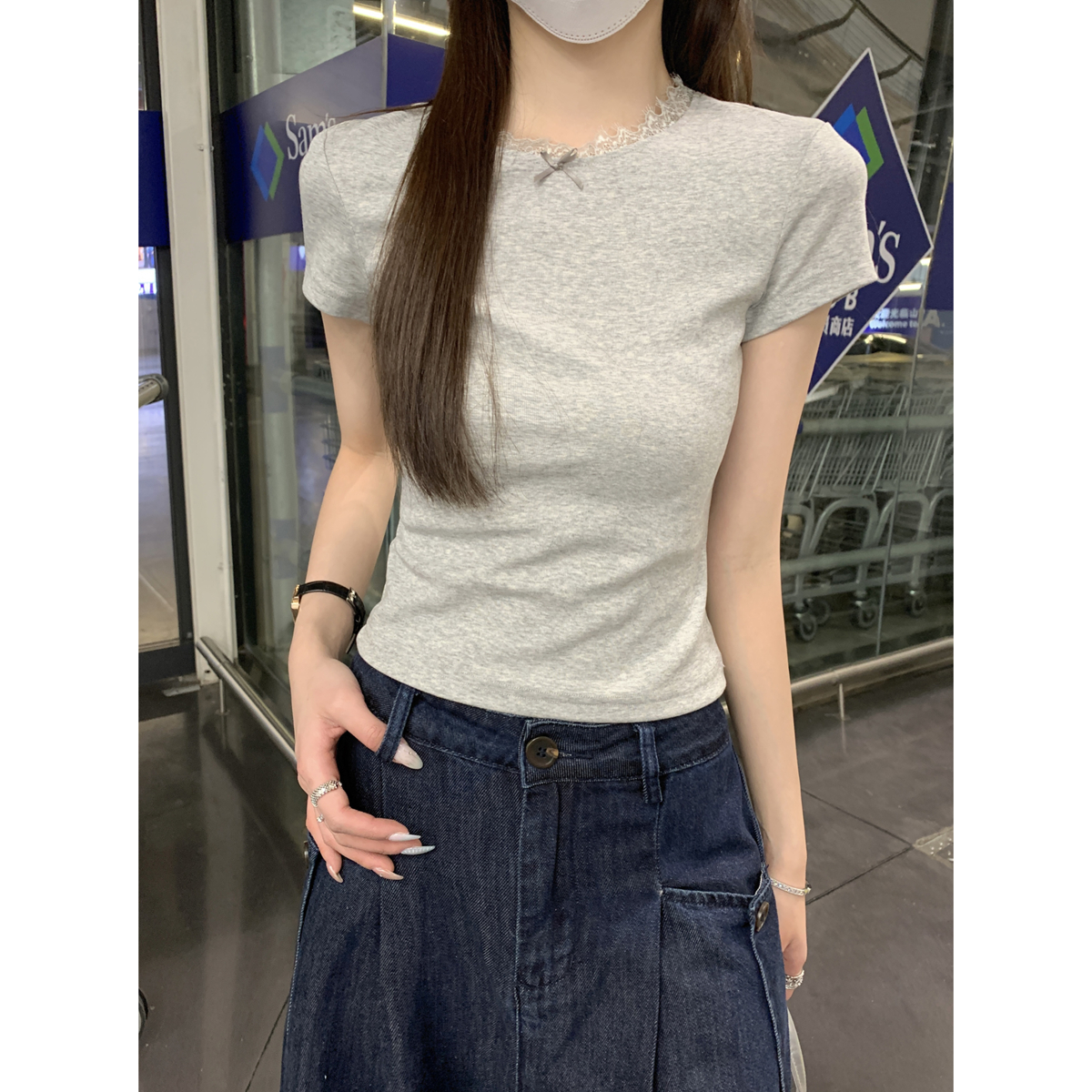 Real shot of summer Korean style slim and simple lace bow versatile pure cotton short-sleeved T-shirt top