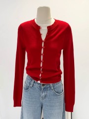 洋氣獨特别致內搭針織打底開衫女春秋2025新款紅色毛衣假兩件上衣
