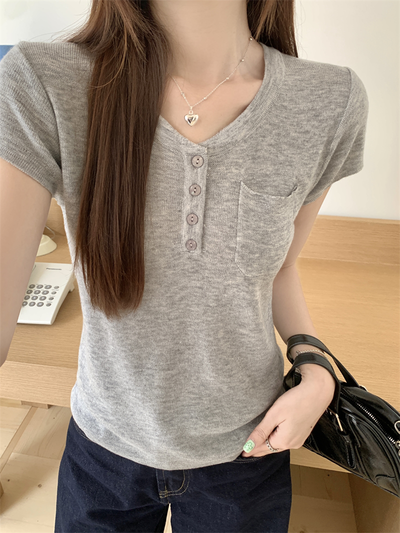 Real photo Real new summer style shoulder-breasted short-sleeved sweater slim and short top