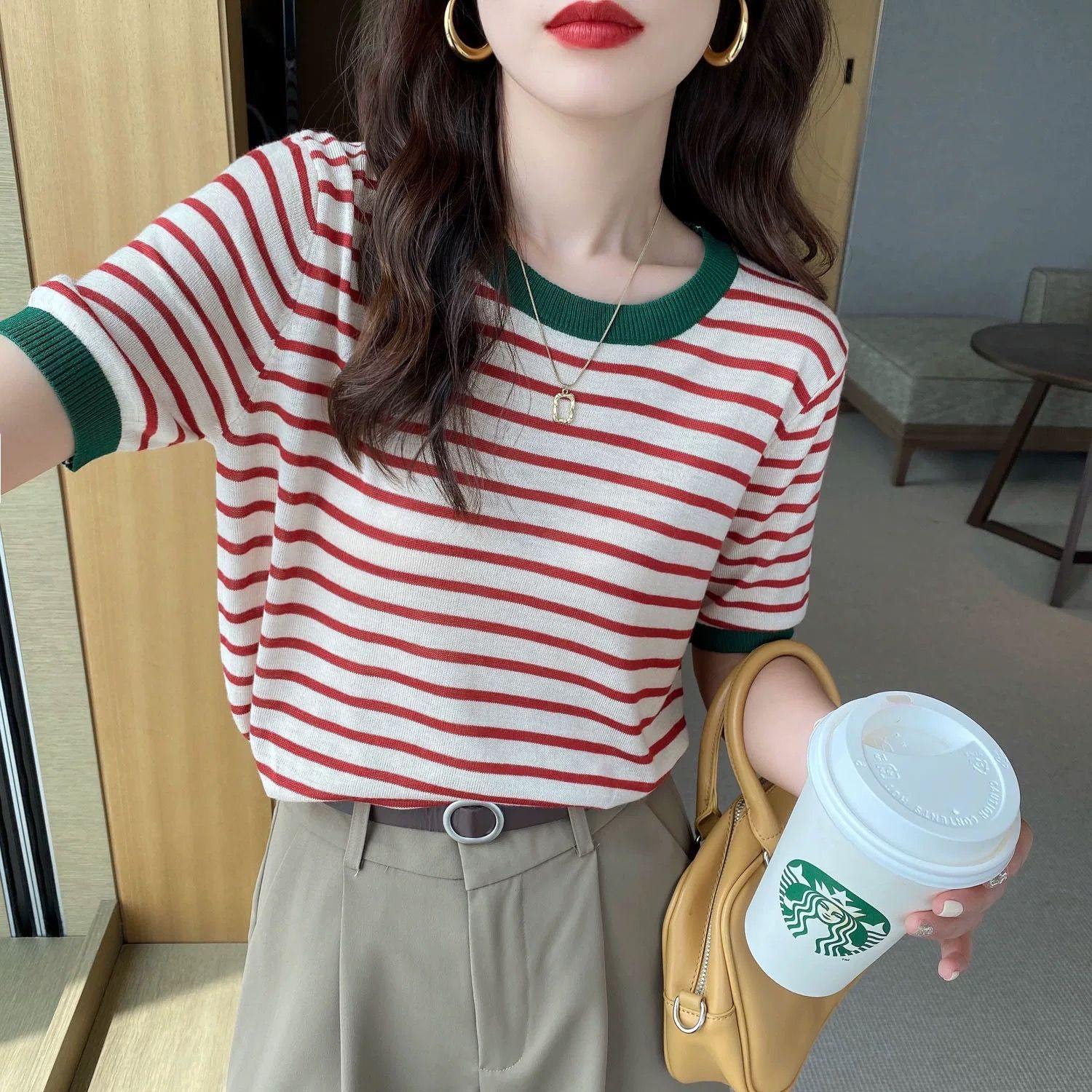 Tmall quality knitted short-sleeved women's thin 2025 new summer top short loose striped T-shirt