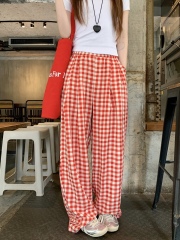 Real shot New Korean version of red checkered loose high waist casual slimming straight wide-leg pants
