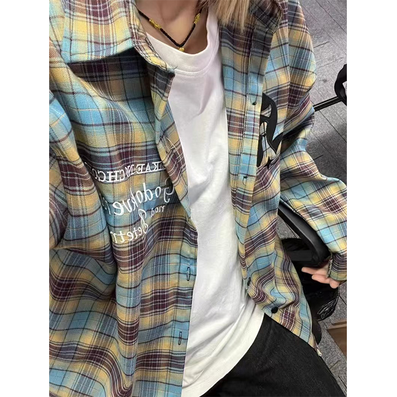 Retro plaid contrast American long-sleeved shirt for women loose letter embroidery lazy style casual blue spring and autumn jacket