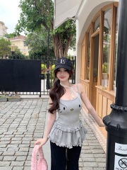 人棉260克刺繡吊帶背心女夏季荷葉邊修身內搭設計感無袖外穿上衣