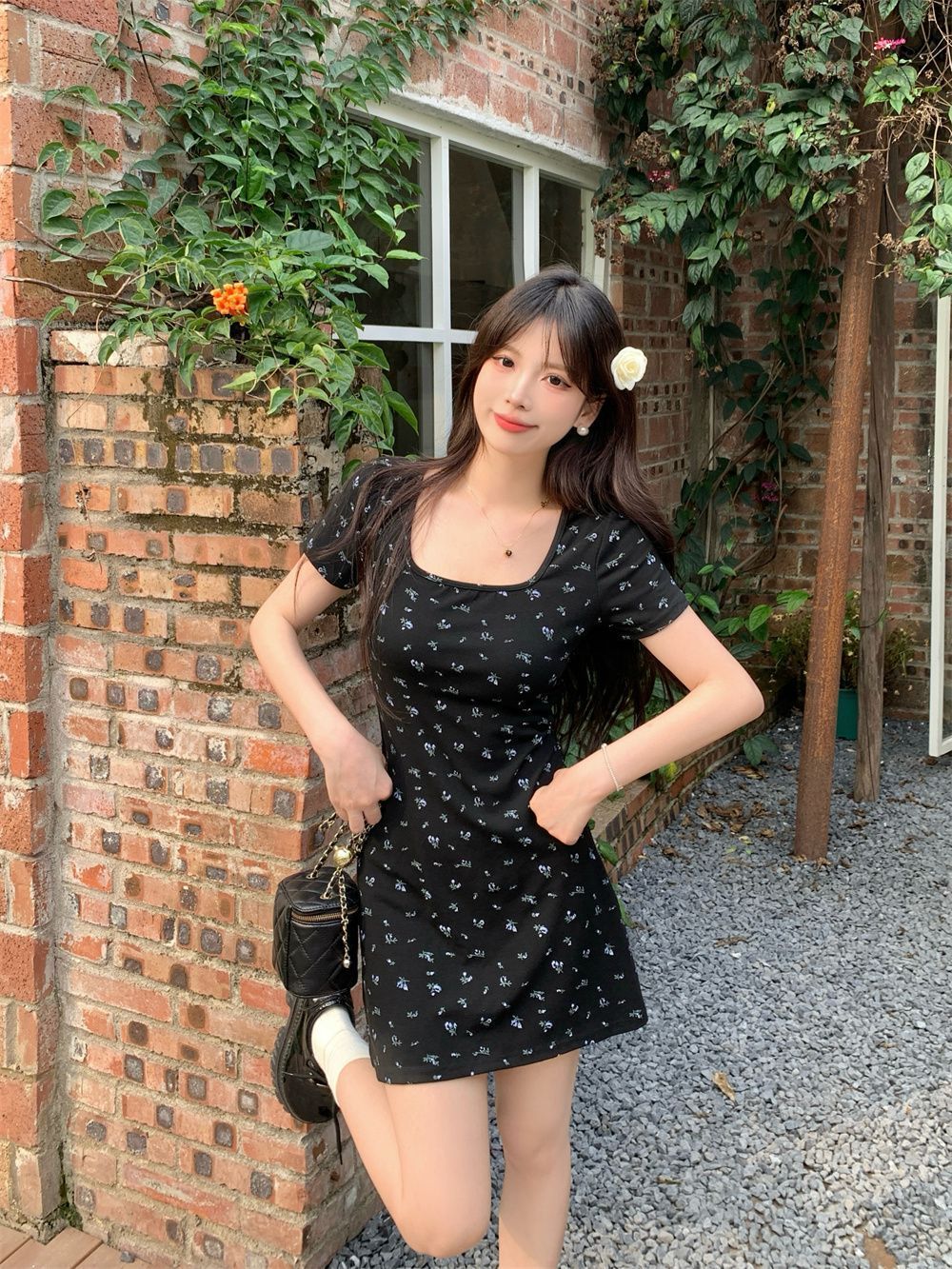 純欲甜辣妹碎花短袖針織連衣裙女夏性感修身顯瘦包臀短裙子