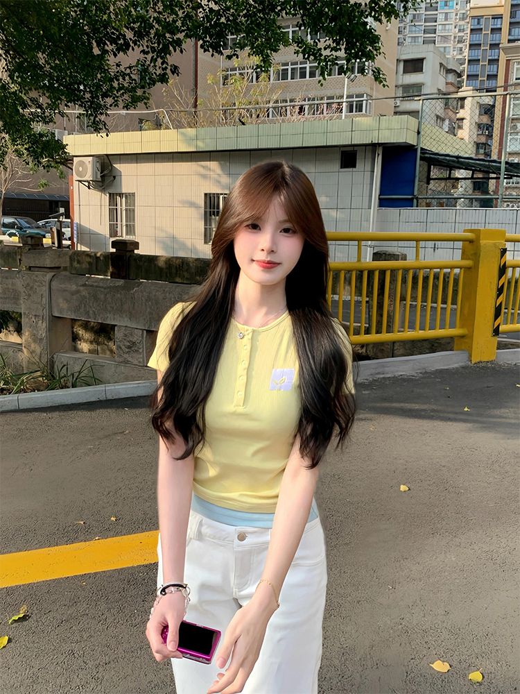 Korean chic pure cotton fake two-piece short-sleeved T-shirt for women short-sleeved T-shirt for women in summer new embroidered slim versatile top