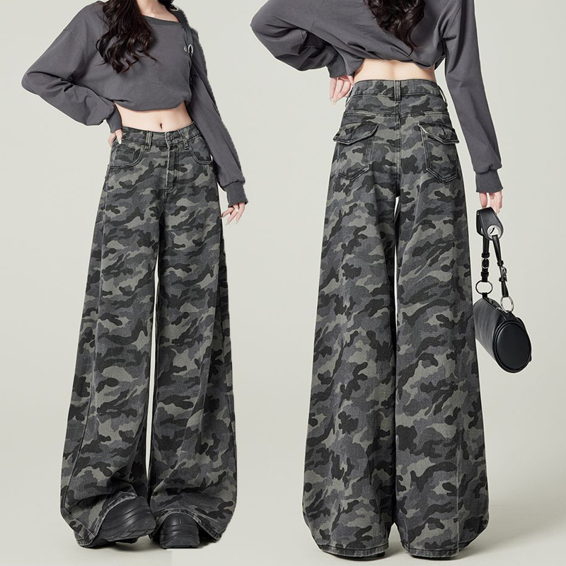 American street high-waisted work jeans for women in spring and summer wide-leg retro camouflage draping versatile loose pants