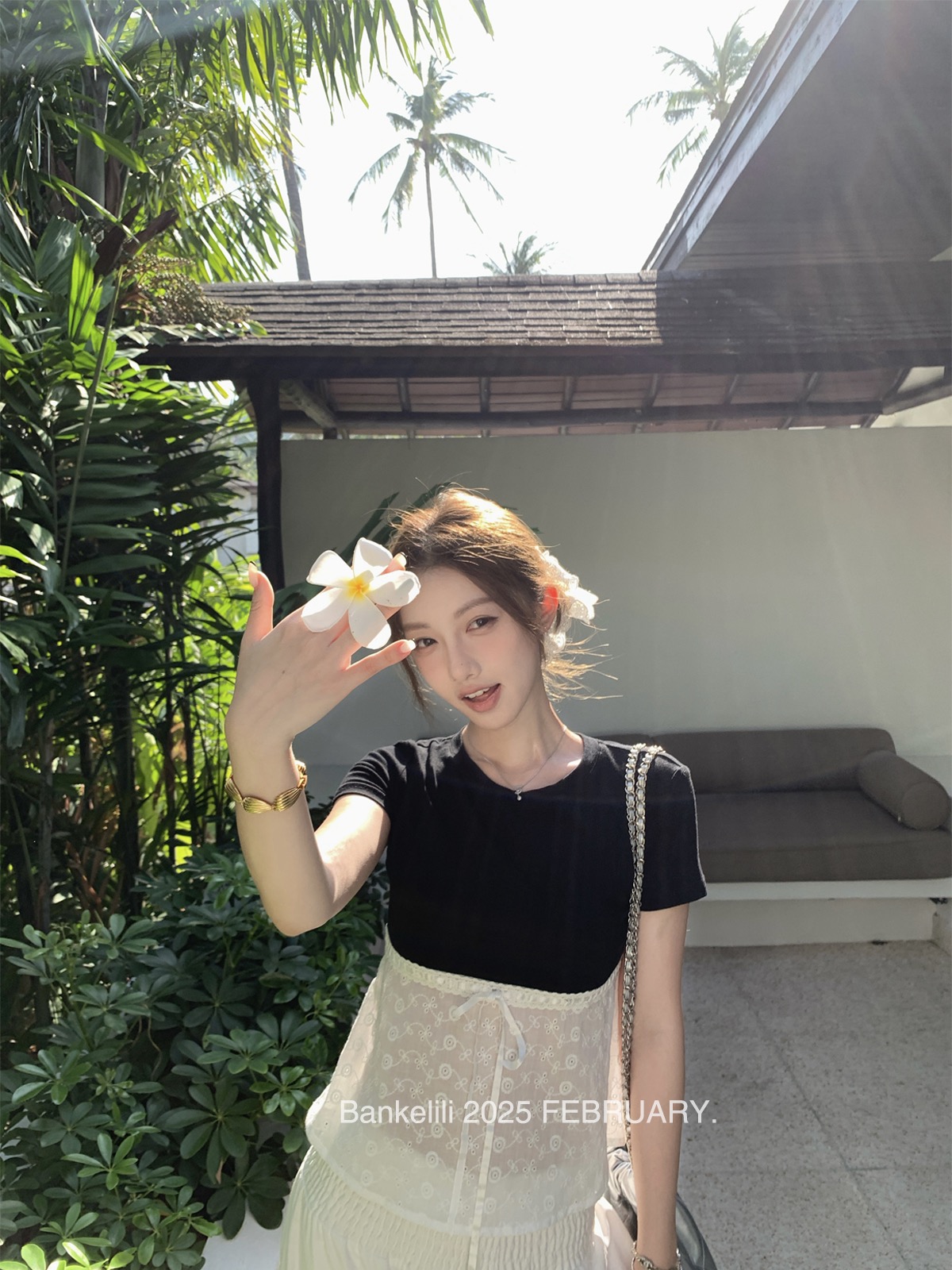 原版面料蕾絲拼接修身純欲蝴蝶結T恤女春夏