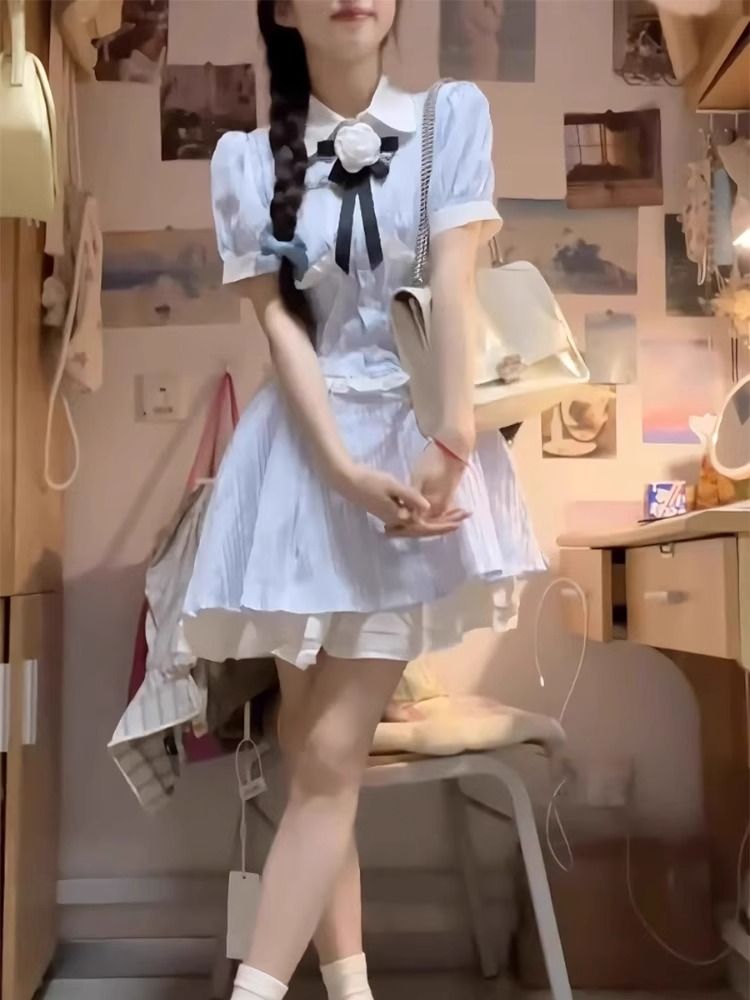 甜辣妹條紋短裙女2025夏純欲風又甜又辣顯瘦蝴蝶結蓬蓬襯衫連衣裙