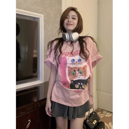 Douyin's popular shoulder-length loose 200g combed pure cotton back edge short-sleeved T-shirt printed