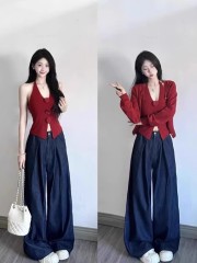 Kumikumi Leisure Set Red V-Neck Long Sleeve Knit Cardigan Women's Spring