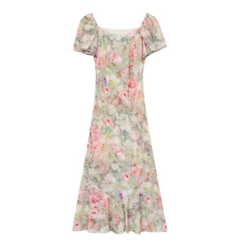 Real shot 2025 summer new oil painting floral dress French square collar fishtail long skirt women M