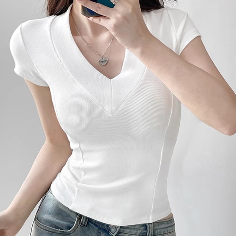 Official picture 260g men's cotton 2*2 threads, large V-neck front shoulder T-shirt, women's short-sleeved summer fish bone line short top