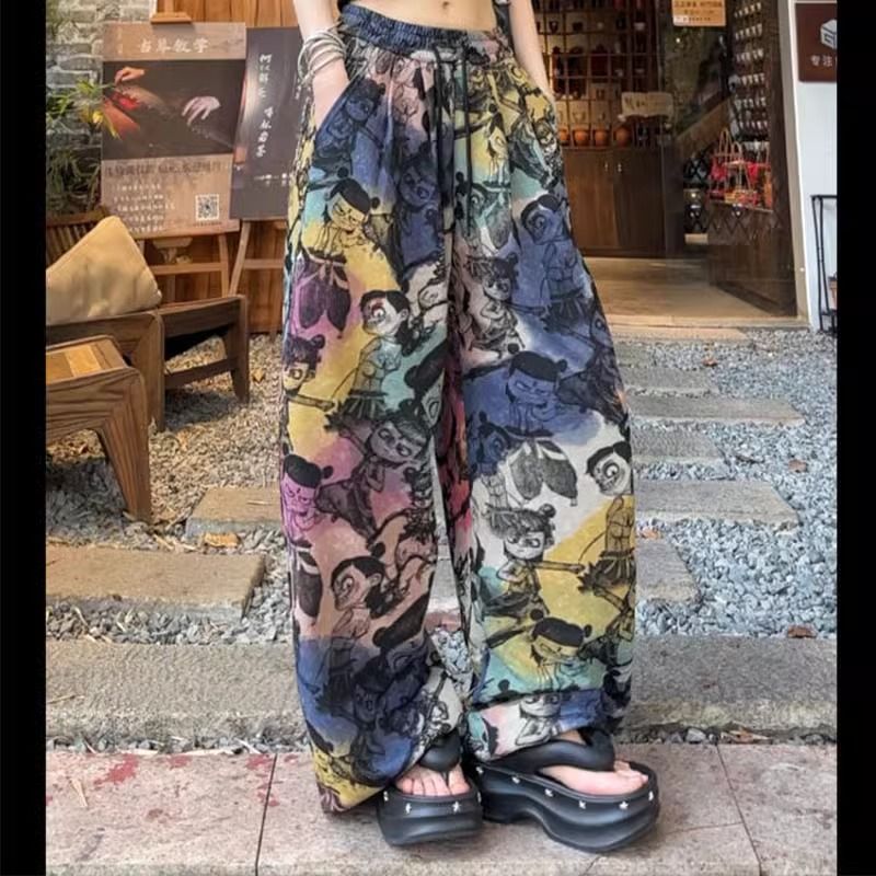 扎染漸變魔童哪吒印花闊腿衛褲女夏季高腰顯瘦休閒直筒拖地長褲子