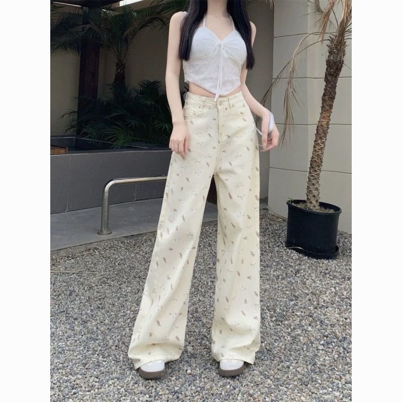 Bear print straight-chip autumn jeans high-waist American new niche wide-leg slim and loose white pants
