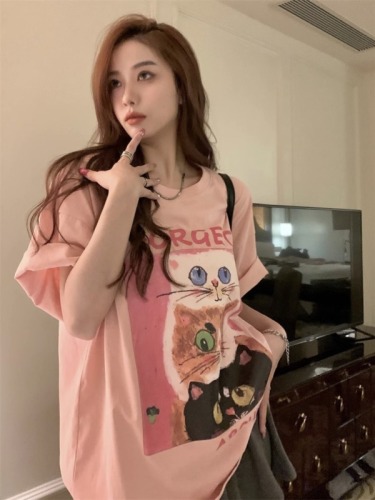 Douyin's popular shoulder-length loose 200g combed pure cotton back edge short-sleeved T-shirt printed