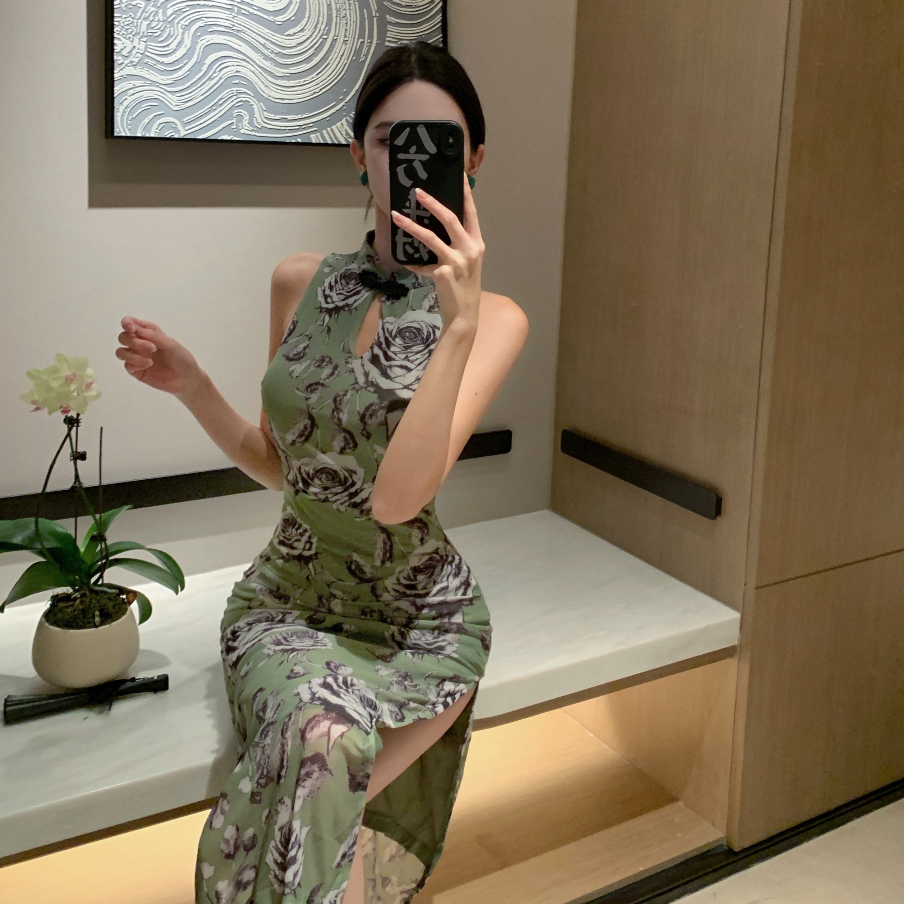 實拍新中式網紗印花旗袍收腰顯瘦性感開叉無袖包臀連衣裙