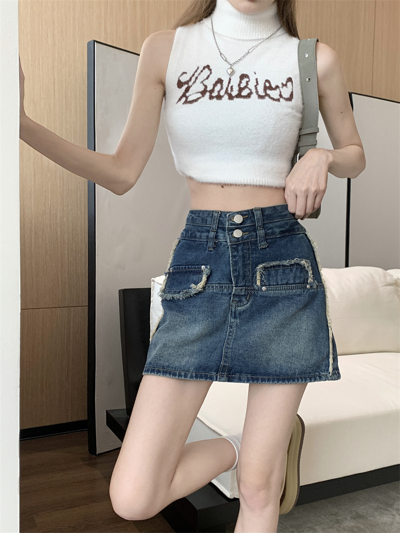 Hong Kong style retro fur-edged denim skirt skirt women's high waist slim hip skirt shorts skirt
