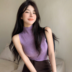 辣妹高領無袖針織打底衫女內搭小背心薄款修身顯瘦彈力紫色上衣