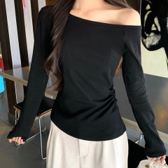 Real shot 1*1 pure cotton thread long-sleeved T-shirt for women in spring and autumn one-length neck slanted shoulders inner bottom shirt top