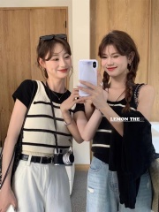 THELEMON條紋吊帶背心女薄款春季新款外穿天絲亞麻針織上衣潮