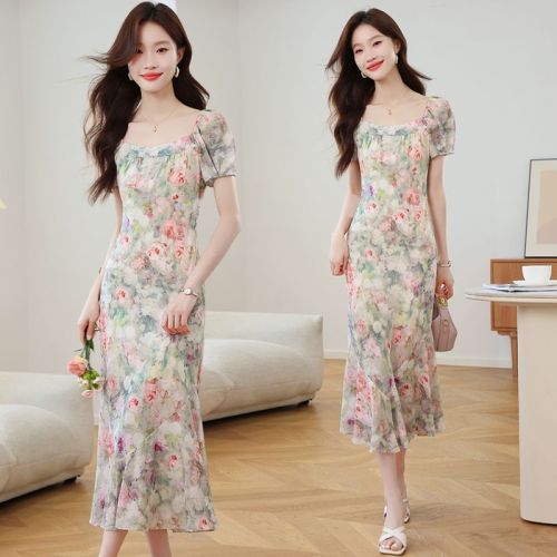 Real shot 2025 summer new oil painting floral dress French square collar fishtail long skirt women M