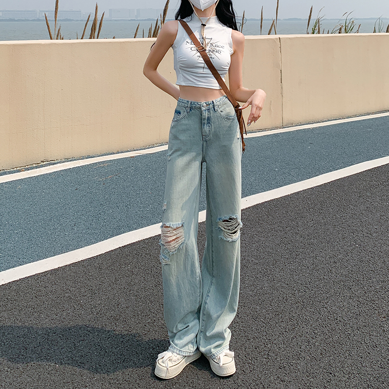 Light-colored wide-leg ripped jeans for women in summer new style small high-waisted slimming draped straight-leg floor pants