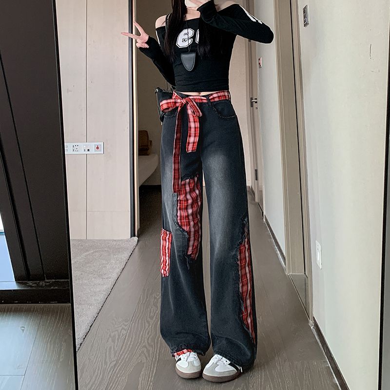 Real shot~ Black spliced ​​bow wide-leg jeans for women's spring new high-waist loose straight-leg pants