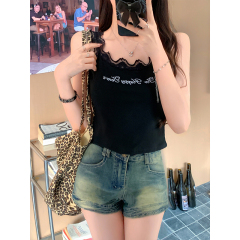 Real shot - White printed letter lace splicing suspender vest for women's new style bottoming top