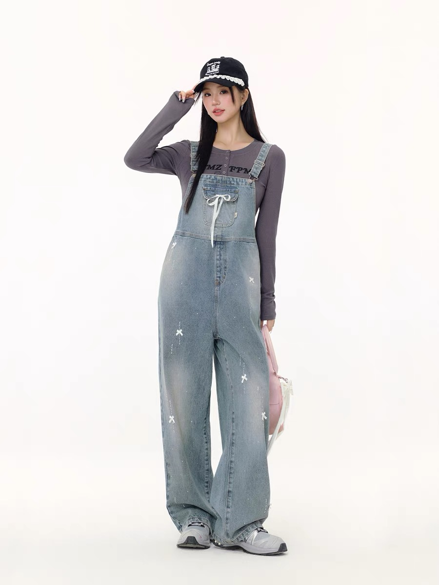 Bow lace webbing iron diamond washing denim strap retro high waist slim jumpsuit casual trousers