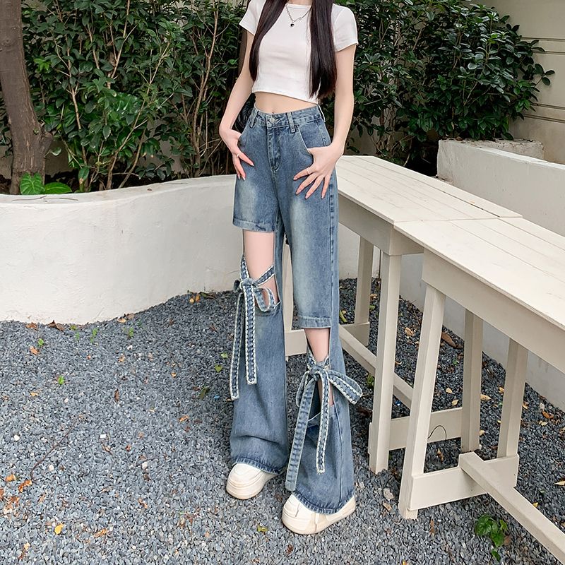 Bow hollow ripped wide-leg jeans for women new style design high waist slim trousers