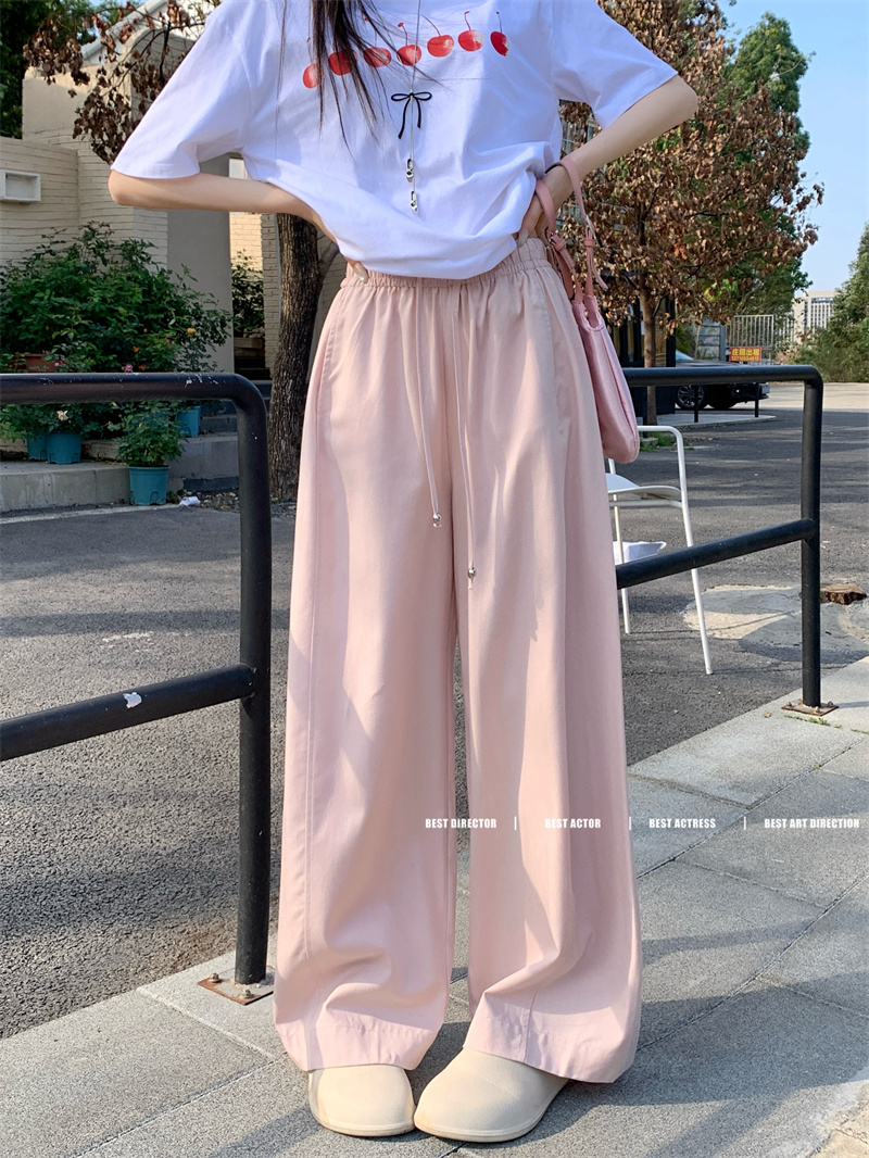Real shot of spring and summer Korean style elastic waist tie high waist casual pants for women straight wide-leg versatile trousers