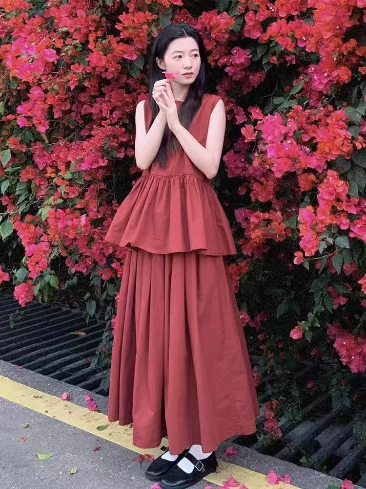 法式紅色無袖背心連衣裙女夏季2025新款小個子高級感穿搭套裝長裙