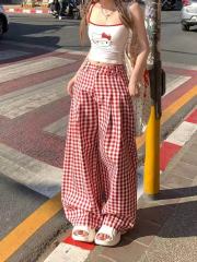 Lattice red plaid pants for women in spring 2025 new contrasting casual pants for slim and loose straight wide-leg pants