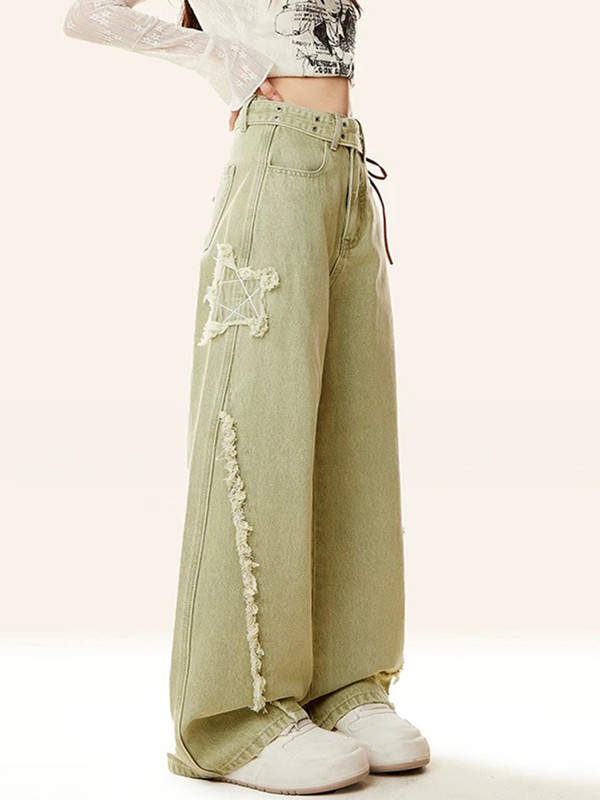 New summer green jeans for women American high waist straight wide legs loose design slim star pants
