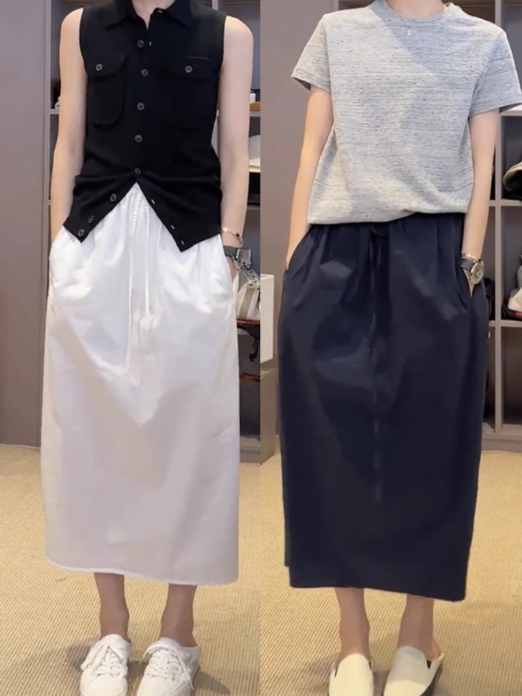 Drawstring flower bud skirt for women 2025 summer new design elastic high waist slimming fashionable slit mid-length skirt