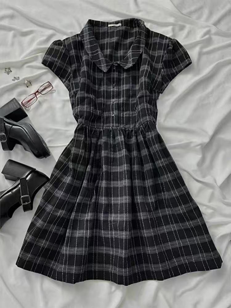 法式黑色格子連衣裙子女夏季2025年新款韓系學院風小飛袖襯衫短裙