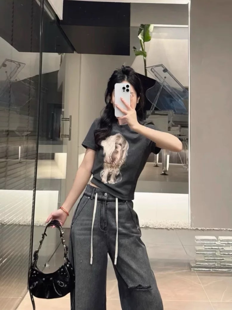 DVZZEF Fun Cartoon Dog Print Design 2025 Spring New Simple High Waist Pure Cotton Short Sleeve T-shirt
