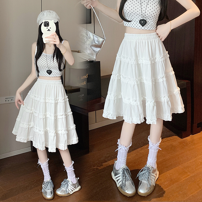 Real shot Korean versatile slim cake skirt covering the cross-eared mid-skirt A-line skirt