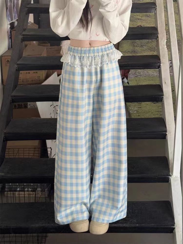 蕾絲花邊拼接藍色格子寬鬆直筒褲女闊腿褲春秋季2025新款高腰長褲