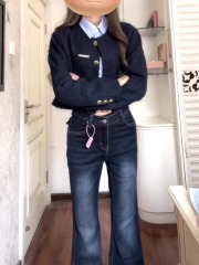 American hottie jeans for women in spring new retro low waist slim straight horseshoe trousers