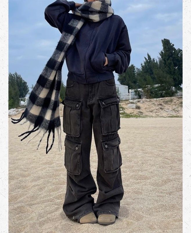 Chuanchuan Ye American retro multi-pocket washing straight work jeans men and women street wide-leg casual pants trendy brands