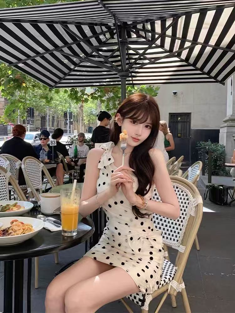 2025新款夏季黑白波點蝴蝶結連衣裙女收腰斜肩純欲短裙子/上衣