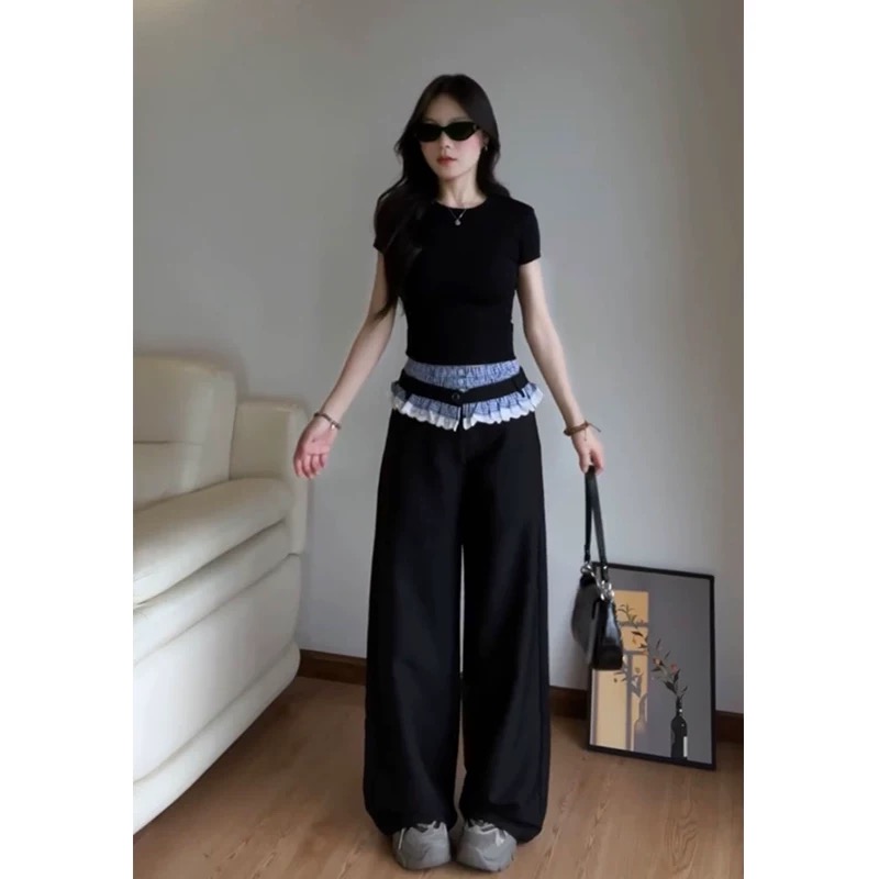 Spliced ​​lace pants for women ins spring ins double waist fake two-piece suit pants straight loose casual pants