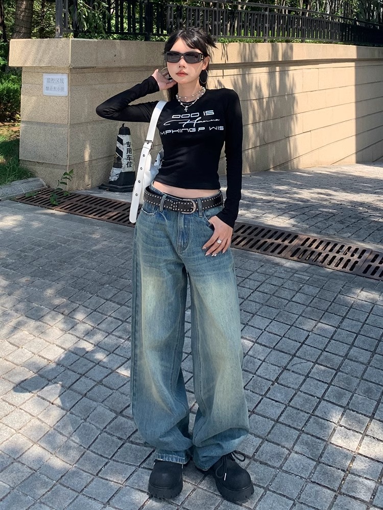 Layout loose straight jeans for women in spring 2025 new retro washing high waist slimming versatile wide-leg pants