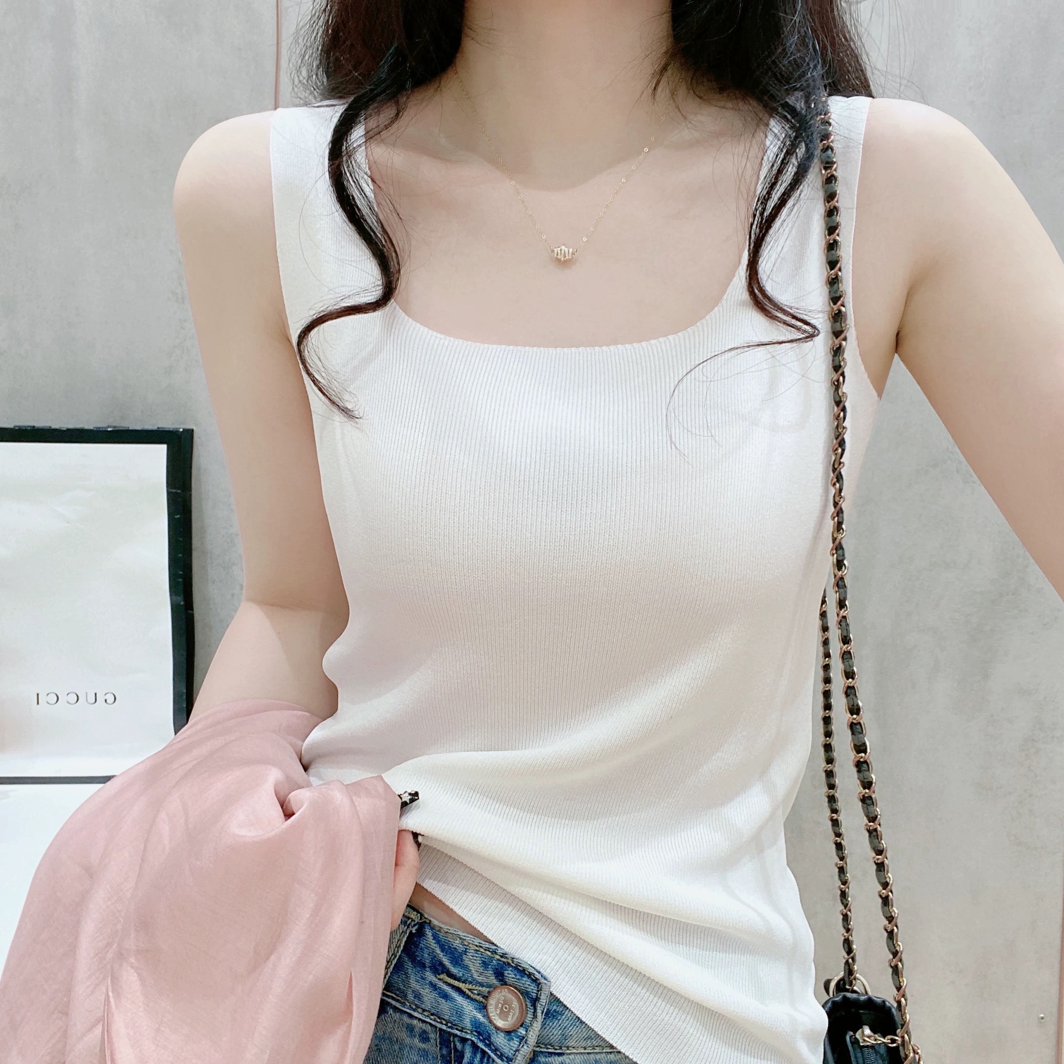 冰絲吊帶背心女式內搭遮副乳外穿夏裝工字方領上衣無袖針織打底衫