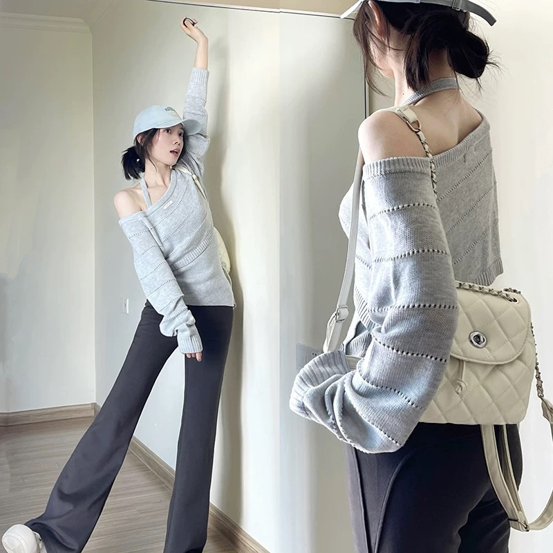 Korean style outfit design sense halter neck sweater two-piece set for women 2025 spring new slim temperament inner top