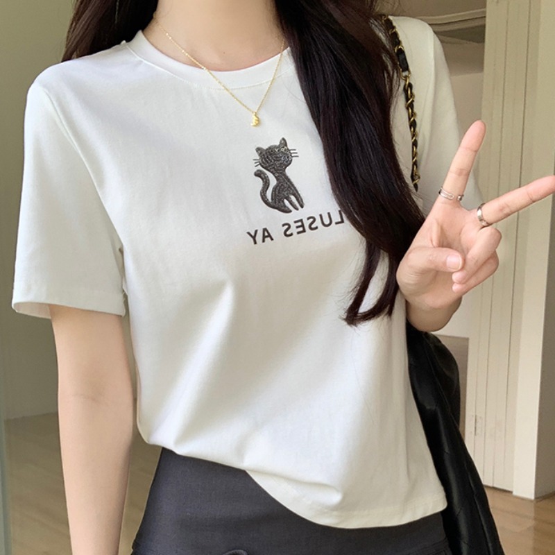 Real shot 210g thread short-sleeved T-shirt for women's summer 2025 new trendy embroidered short front shoulder round neck Korean top