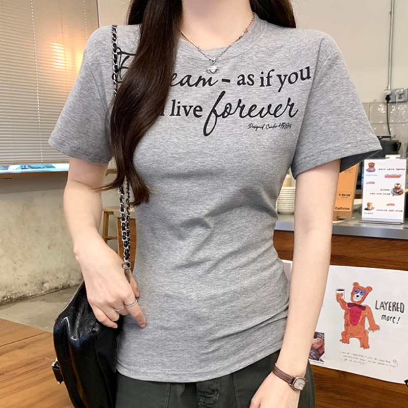 Real shot 1*1 thread 210g short-sleeved T-shirt for women's summer 2025 new printed short front shoulder round neck Korean top