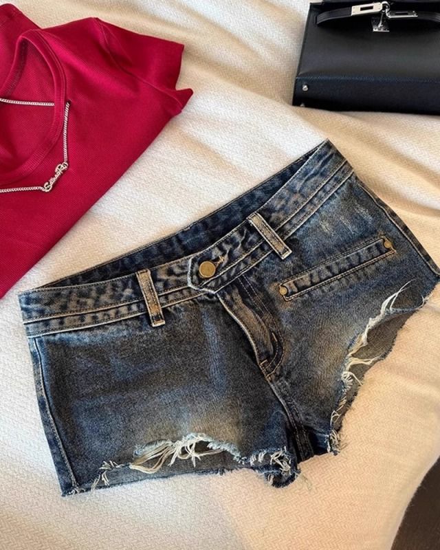 Women's hot pants denim shorts women's summer low waist versatile ripped edge retro hip trousers
